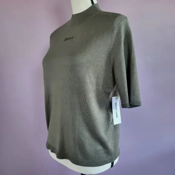 NWT DKNY Jeans Olive Green Short Sleeve Mock Neck Rhinestone Logo Knit Top - Picture 8 of 12